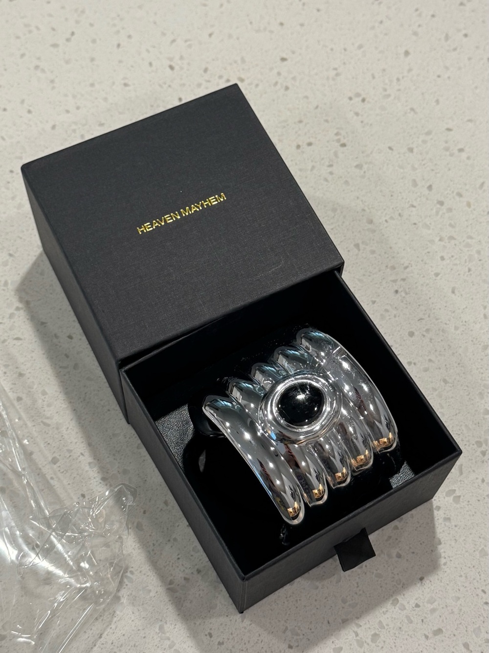 Heaven Mayhem Silver Clarke Cuff Bracelet with Black Stone Accent